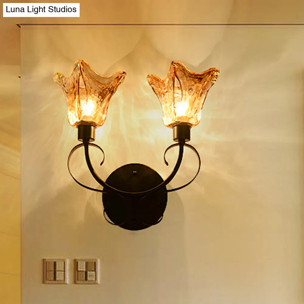 Black Amber Glass Sconce Light: Floral 2 Bulbs Traditional Wall Lighting With Metal Curved Arm