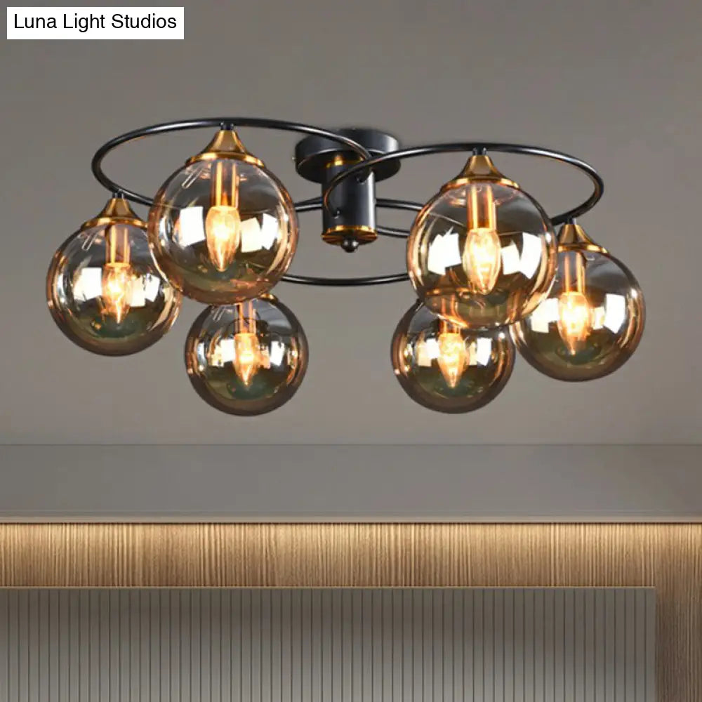 Black And Brass Postmodern Semi-Flush Chandelier With Glass Ball Shade For Ceiling Lighting Lamp