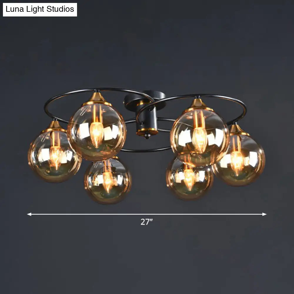 Black And Brass Postmodern Chandelier With Glass Shade 6 / Amber