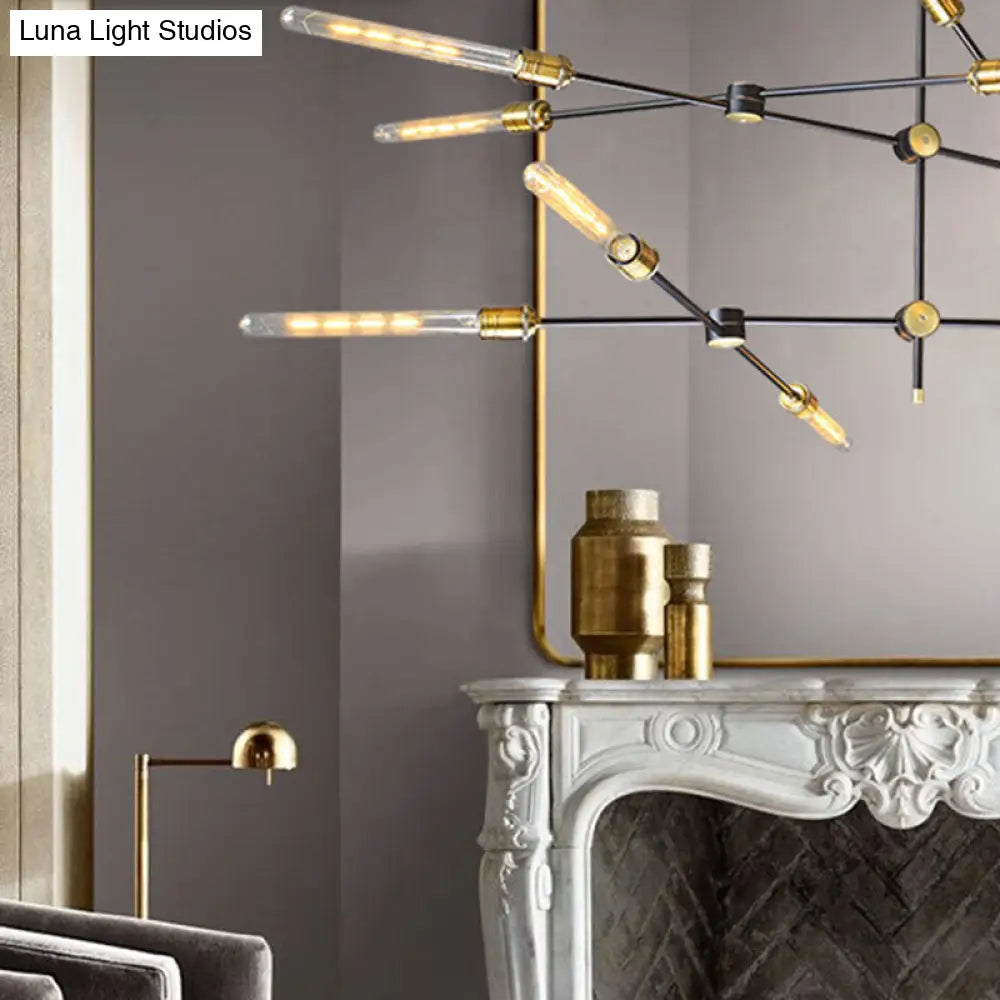 Industrial Loft Black And Gold Chandelier With Exposed Bulb Design - Perfect For Dining Room.