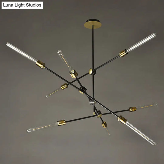 Black And Gold Industrial Loft Spoke Chandelier With Exposed Bulb Design