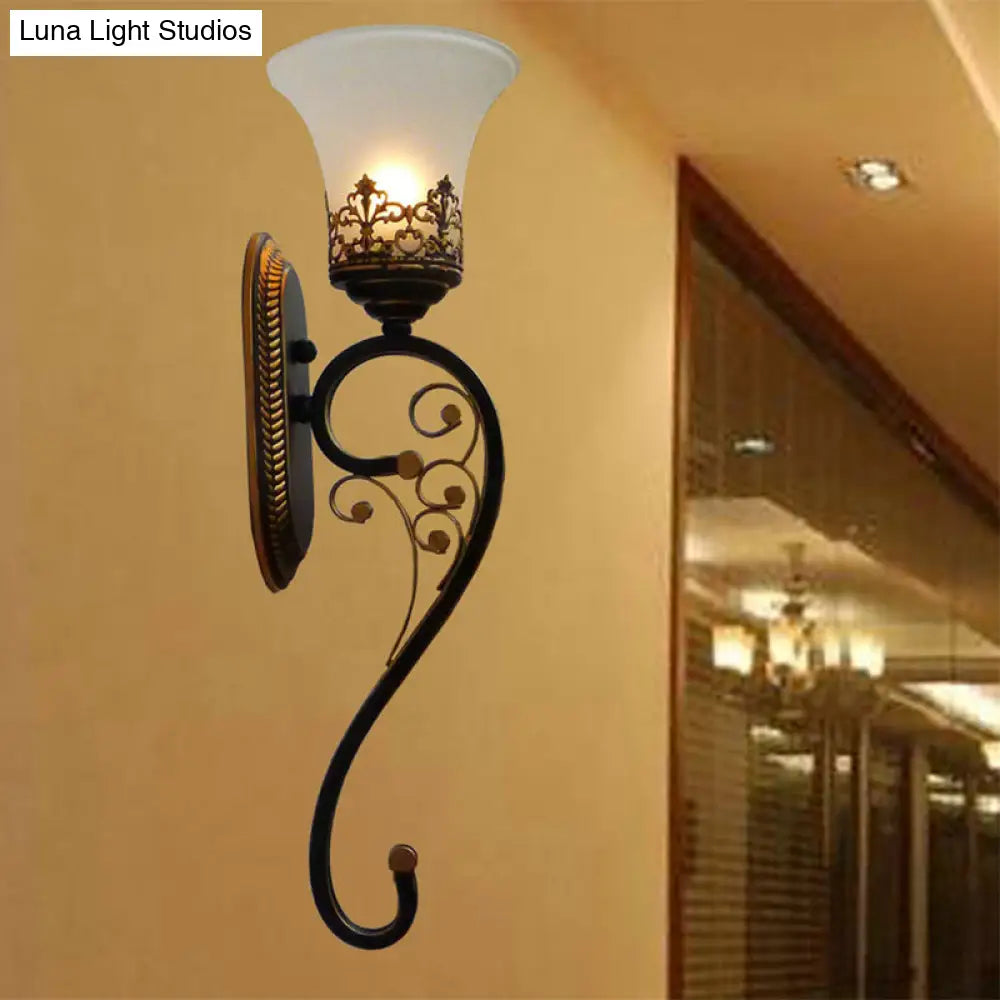 Black And Gold Wall Mount Sconce With Curved Arm - Countryside Metal Lamp Fixture