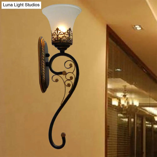 Black And Gold Wall Mount Sconce With Curved Arm - Countryside Metal Lamp Fixture