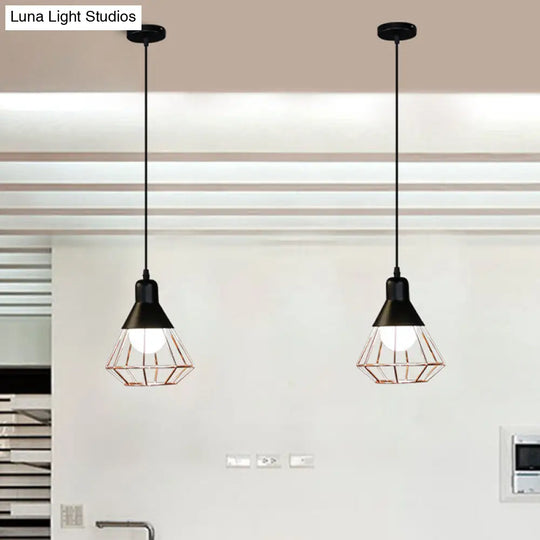 Black & Rose Gold Pendant Light: Loft Style Iron Cone/Cage Ceiling Hang - Ideal For Dining Table