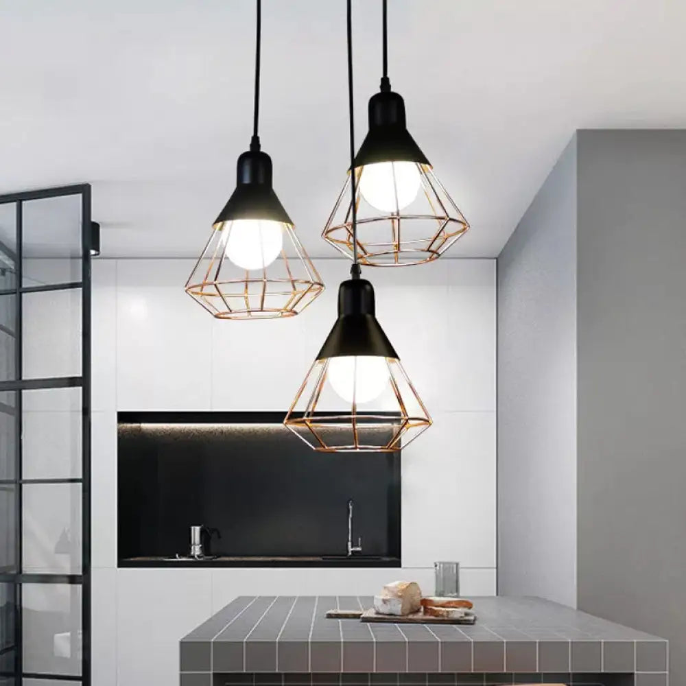 Black And Rose Gold Drop Pendant Ceiling Light - Loft Style Iron Cone/Cage Design / A