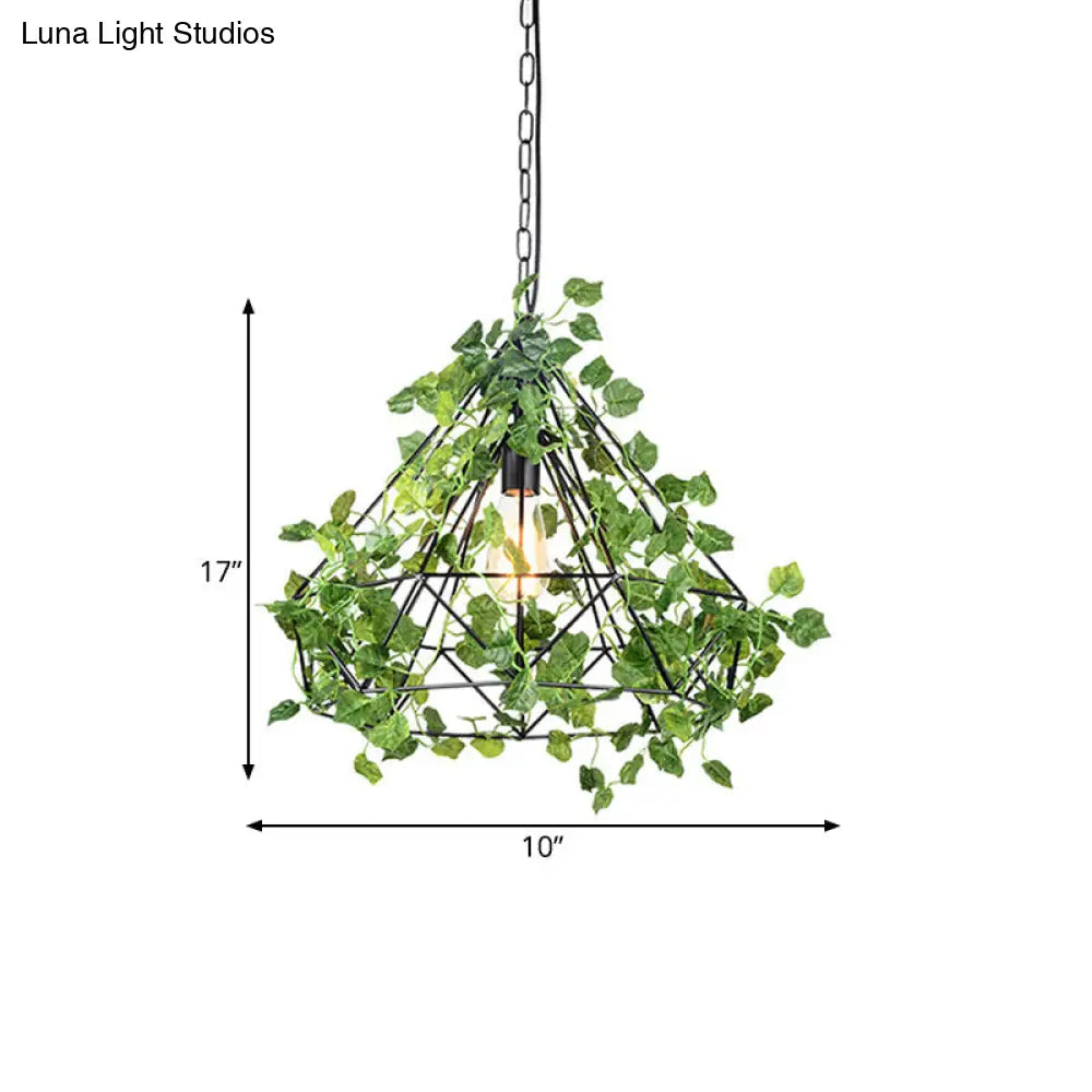 Black Antique Metal Diamond Pendant Lamp - Led Plant Suspension Light For Restaurants