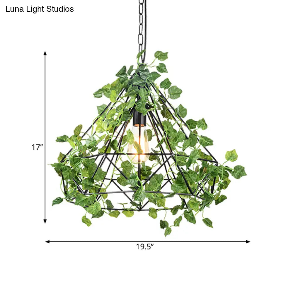 Black Antique Metal Diamond Pendant Lamp - Led Plant Suspension Light For Restaurants