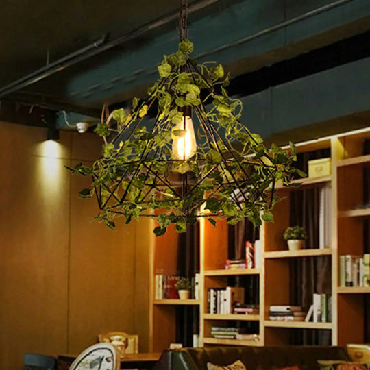 Black Antique Metal Diamond Pendant Lamp - Led Plant Suspension Light For Restaurants