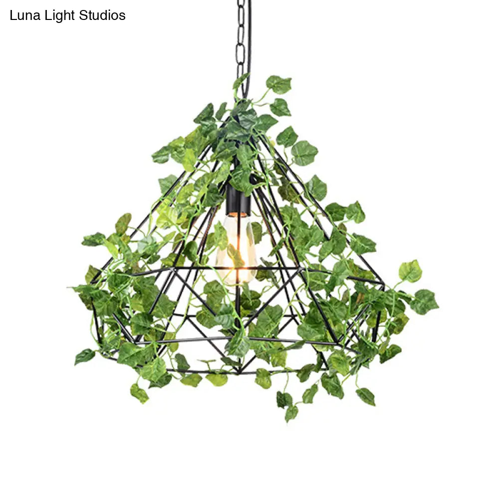 Black Antique Metal Diamond Pendant Lamp - Led Plant Suspension Light For Restaurants