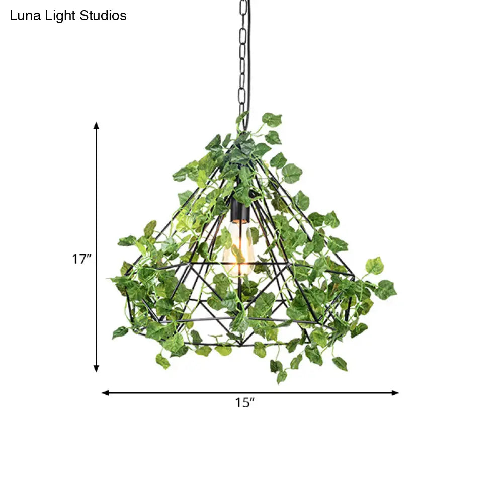 Black Antique Metal Diamond Pendant Lamp - Led Plant Suspension Light For Restaurants