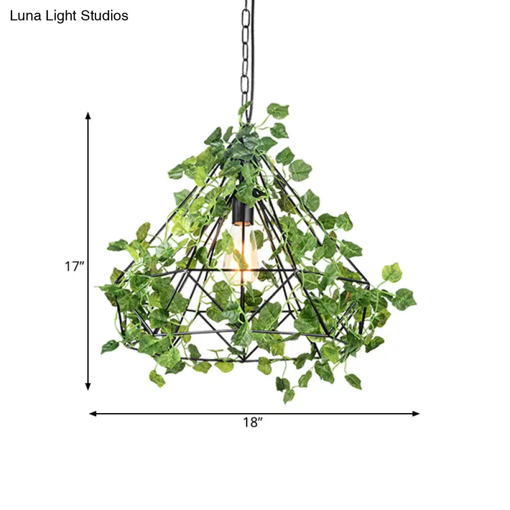 Black Antique Metal Diamond Pendant Lamp - Led Plant Suspension Light For Restaurants