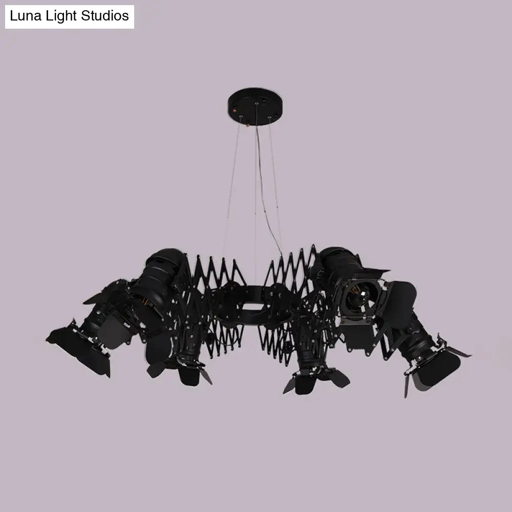 Black Art Deco Iron Camera Chandelier Pendant Lamp With Telescopic Arm - 5-Head Spotlight