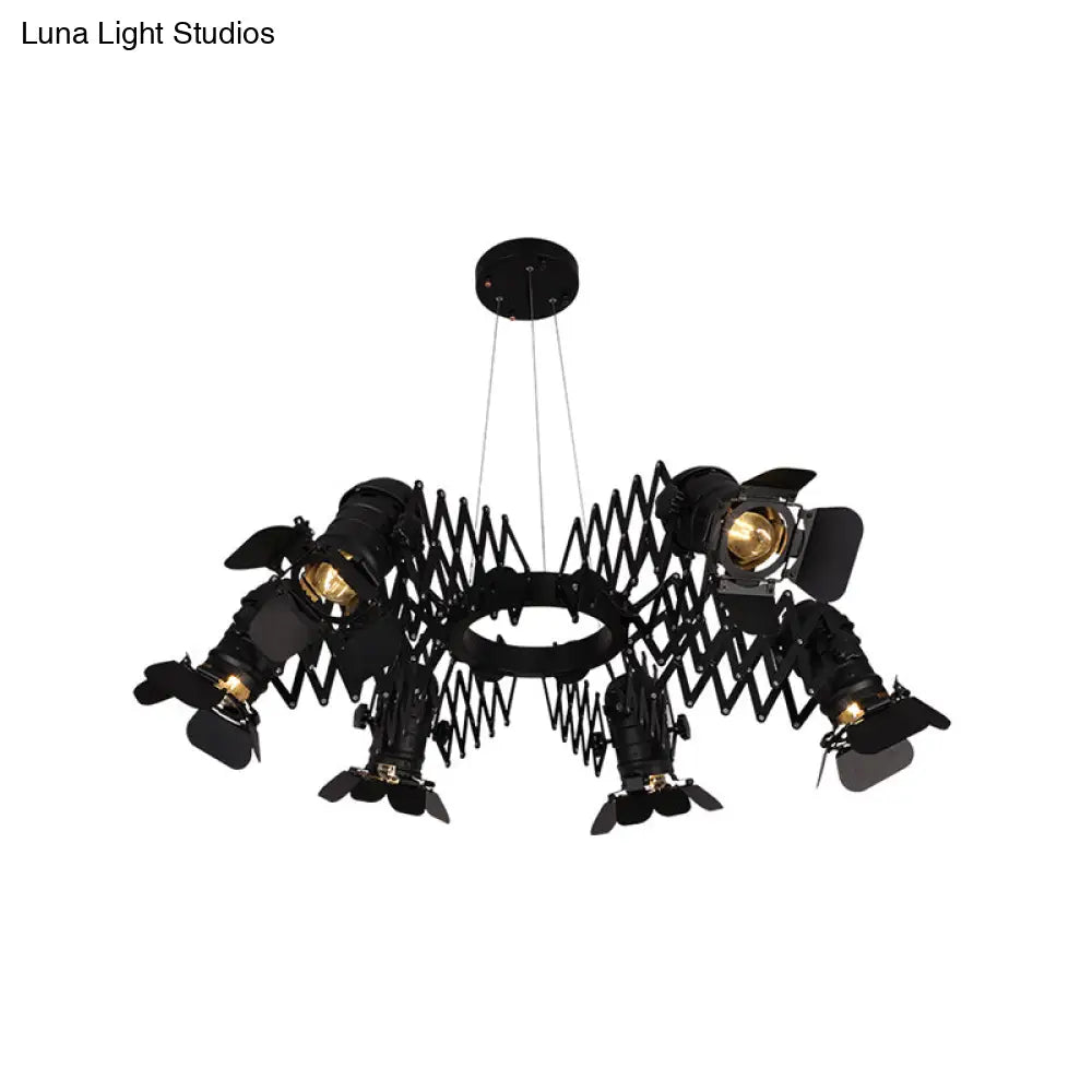 Black Art Deco Iron Camera Chandelier Pendant Lamp With Telescopic Arm - 5-Head Spotlight