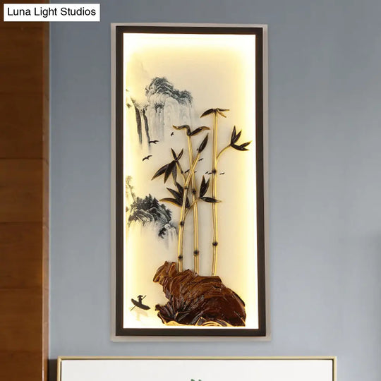 Black Bamboo And Mountain Mural Chinese Led Wall Light Fixture With Metal Frame