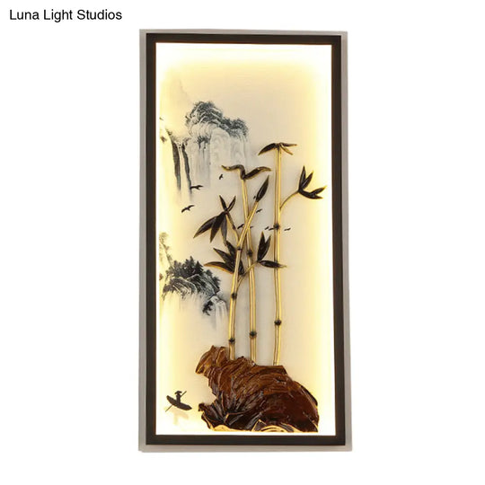 Black Bamboo And Mountain Mural Chinese Led Wall Light Fixture With Metal Frame