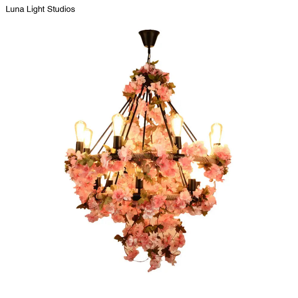 Black Bare Bulb Chandelier With Pink Flower And Rope Suspension - 14-Bulb Light Fixture For