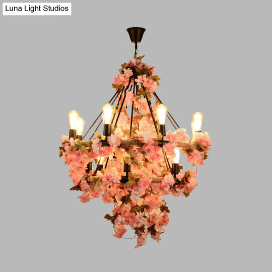 Black Warehouse Chandelier - 14-Bulb Suspension Lamp With Pink Flower And Rope