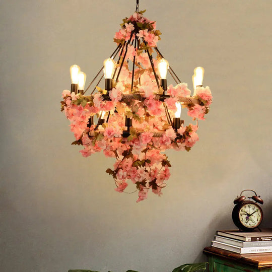 Black Bare Bulb Chandelier With Pink Flower And Rope Suspension - 14-Bulb Light Fixture For