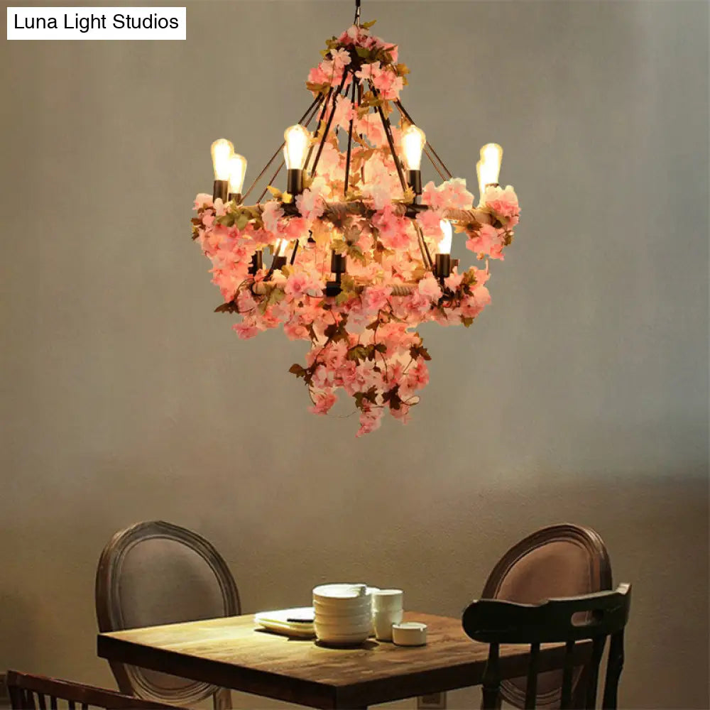 Black Bare Bulb Chandelier With Pink Flower And Rope Suspension - 14-Bulb Light Fixture For