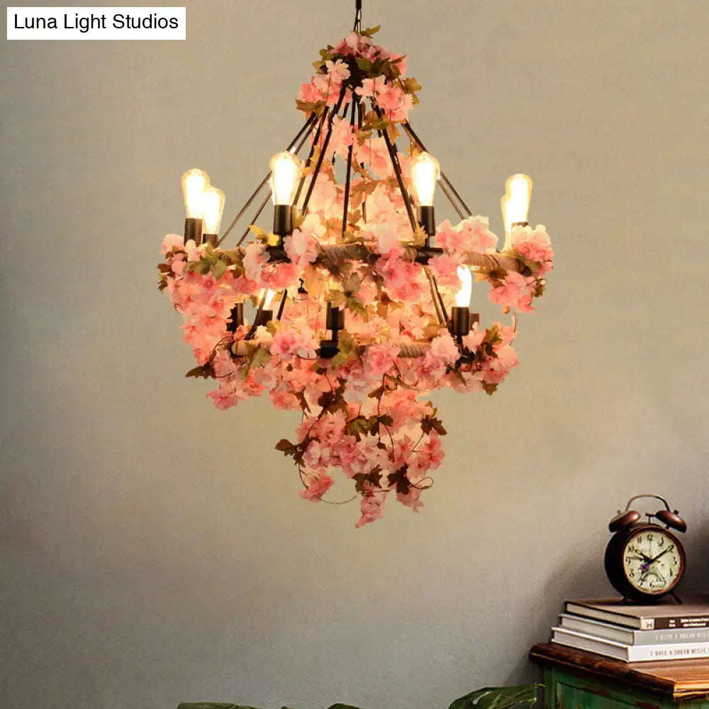 Black Warehouse Chandelier - 14-Bulb Suspension Lamp With Pink Flower And Rope