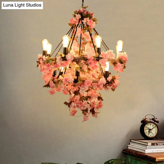 Black Warehouse Chandelier - 14-Bulb Suspension Lamp With Pink Flower And Rope