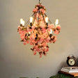 Black Bare Bulb Chandelier With Pink Flower And Rope Suspension - 14-Bulb Light Fixture For