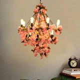 Black Bare Bulb Chandelier With Pink Flower And Rope Suspension - 14-Bulb Light Fixture For