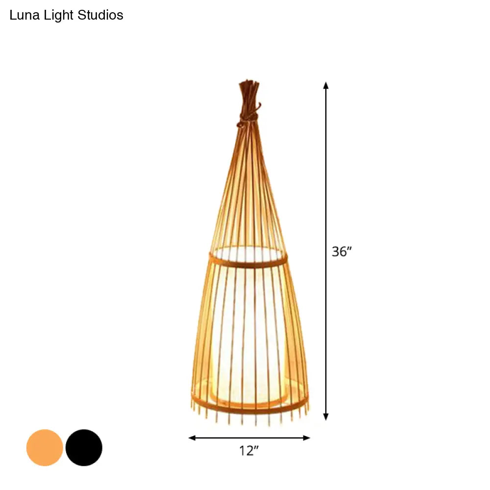 Black/Beige Fish Shaped Floor Lamp: Asia Single-Bulb Bamboo Stand For Living Room 12/15 W