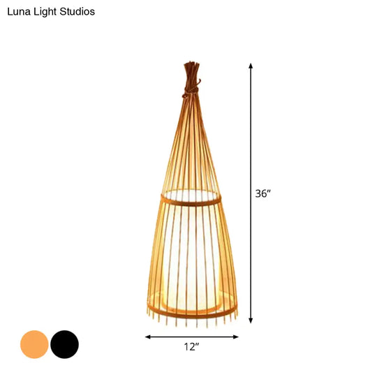 Black/Beige Fish Shaped Floor Lamp: Asia Single-Bulb Bamboo Stand For Living Room 12/15 W