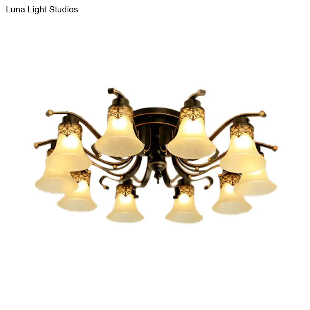 Black Bell Semi Flush Mount Ceiling Light Fixture - Classic Frosted Glass 3/6/8 Lights For Living