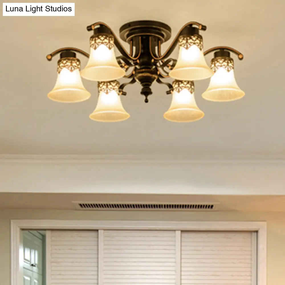 Black Bell Semi Flush Mount Ceiling Light Fixture - Classic Frosted Glass 3/6/8 Lights For Living