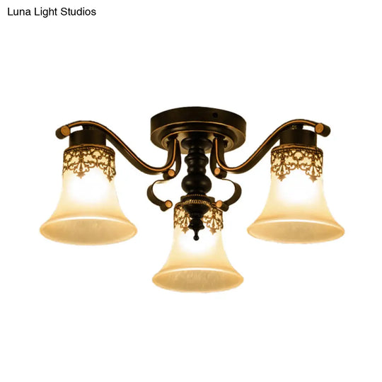 Black Bell Semi Flush Mount Ceiling Light Fixture - Classic Frosted Glass 3/6/8 Lights For Living