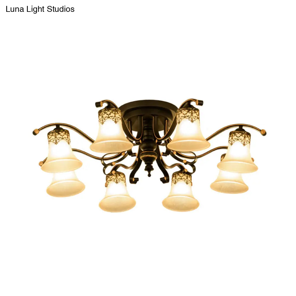 Black Bell Semi Flush Mount Ceiling Light Fixture - Classic Frosted Glass 3/6/8 Lights For Living