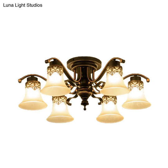 Black Bell Semi Flush Mount Ceiling Light Fixture - Classic Frosted Glass 3/6/8 Lights For Living