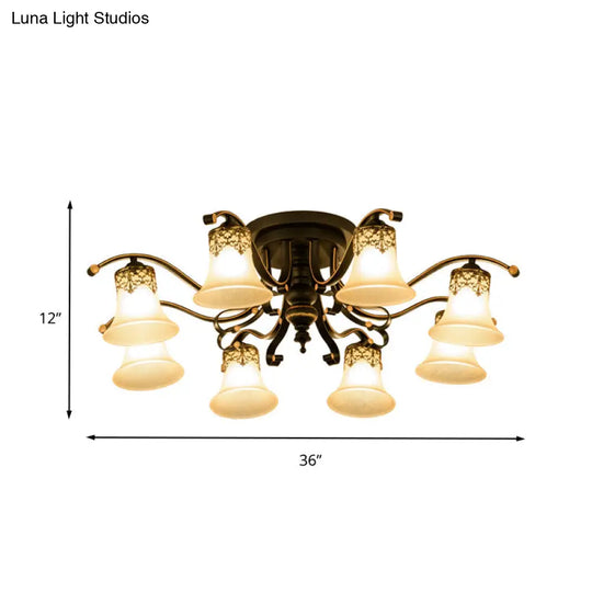 Black Bell Semi Flush Mount Ceiling Light Fixture - Classic Frosted Glass 3/6/8 Lights For Living