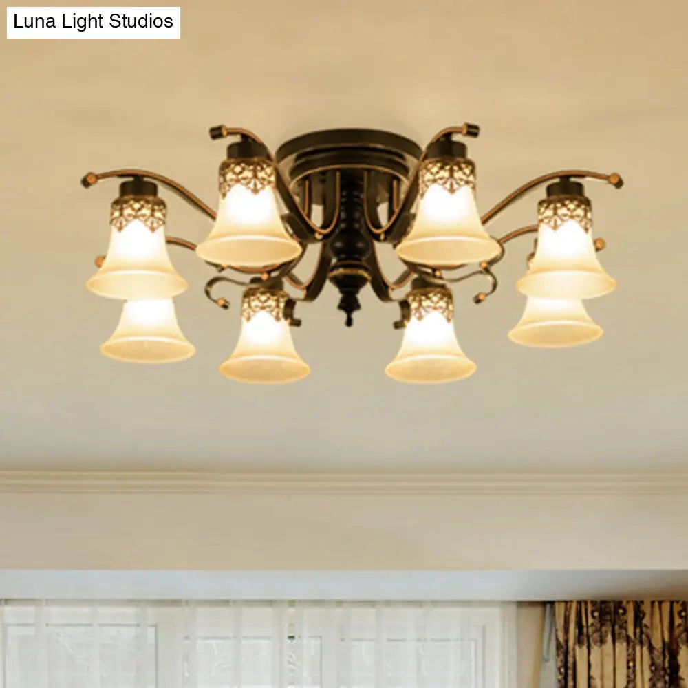 Black Bell Semi Flush Mount Ceiling Light Fixture - Classic Frosted Glass 3/6/8 Lights For Living