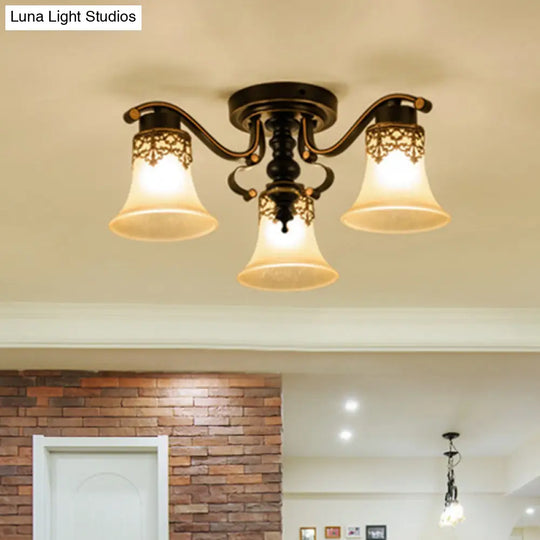 Black Bell Semi Flush Mount Ceiling Light Fixture - Classic Frosted Glass 3/6/8 Lights For Living