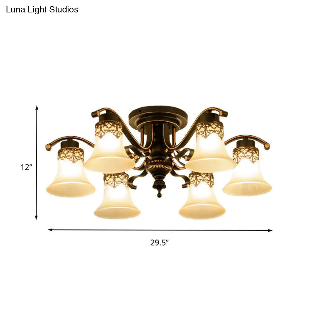 Black Bell Semi Flush Mount Ceiling Light Fixture - Classic Frosted Glass 3/6/8 Lights For Living