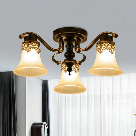 Black Bell Semi Flush Mount Ceiling Light Fixture - Classic Frosted Glass 3/6/8 Lights For Living