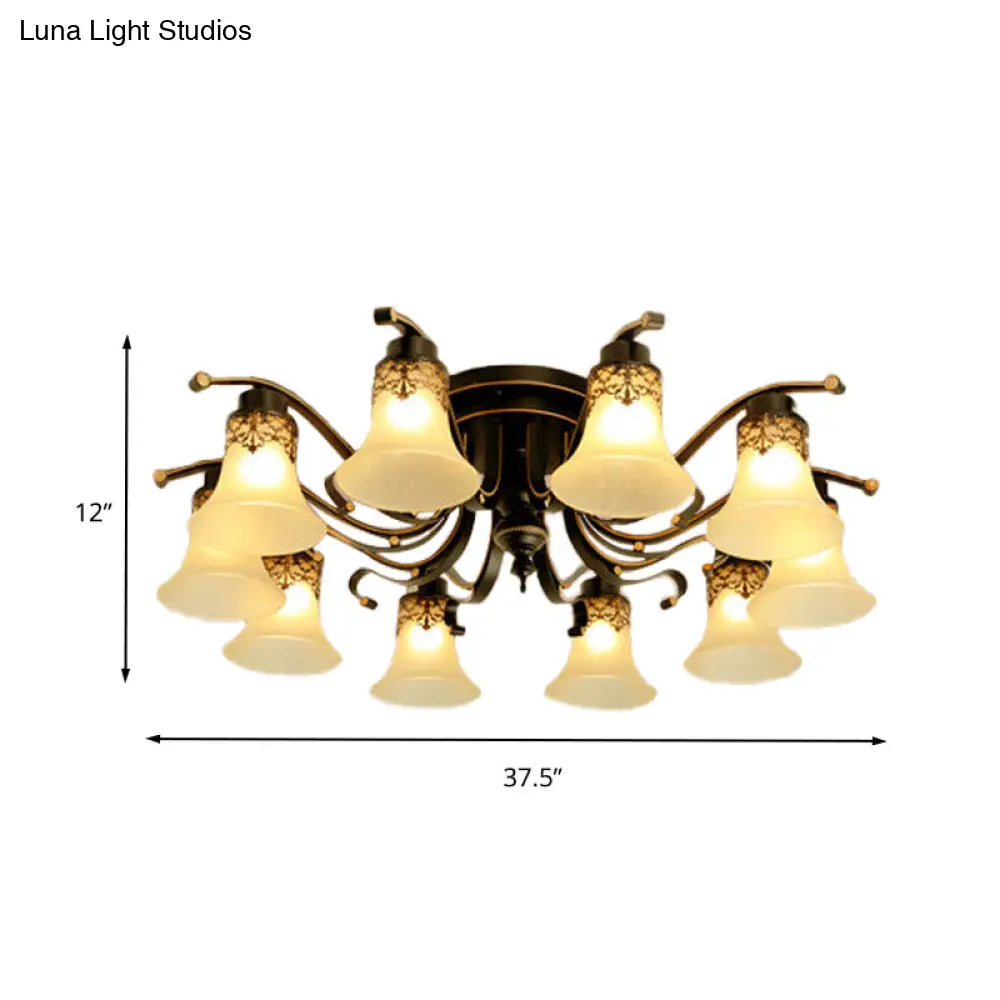 Black Bell Semi Flush Mount Ceiling Light Fixture - Classic Frosted Glass 3/6/8 Lights For Living