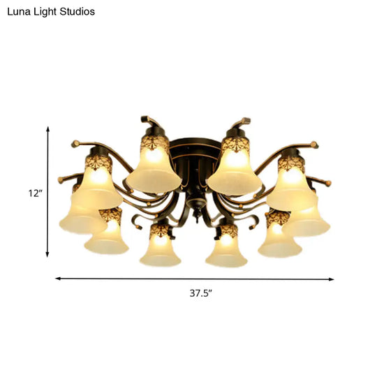 Black Bell Semi Flush Mount Ceiling Light Fixture - Classic Frosted Glass 3/6/8 Lights For Living