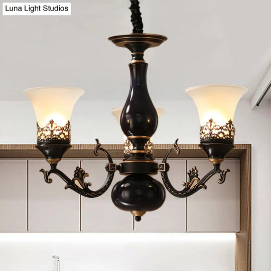 Black Bell Shaped Ceiling Suspension Lamp With Frosted Glass And Multiple Heads - Countryside