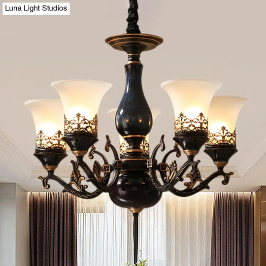 Black Bell Shaped Ceiling Suspension Lamp With Frosted Glass And Multiple Heads - Countryside