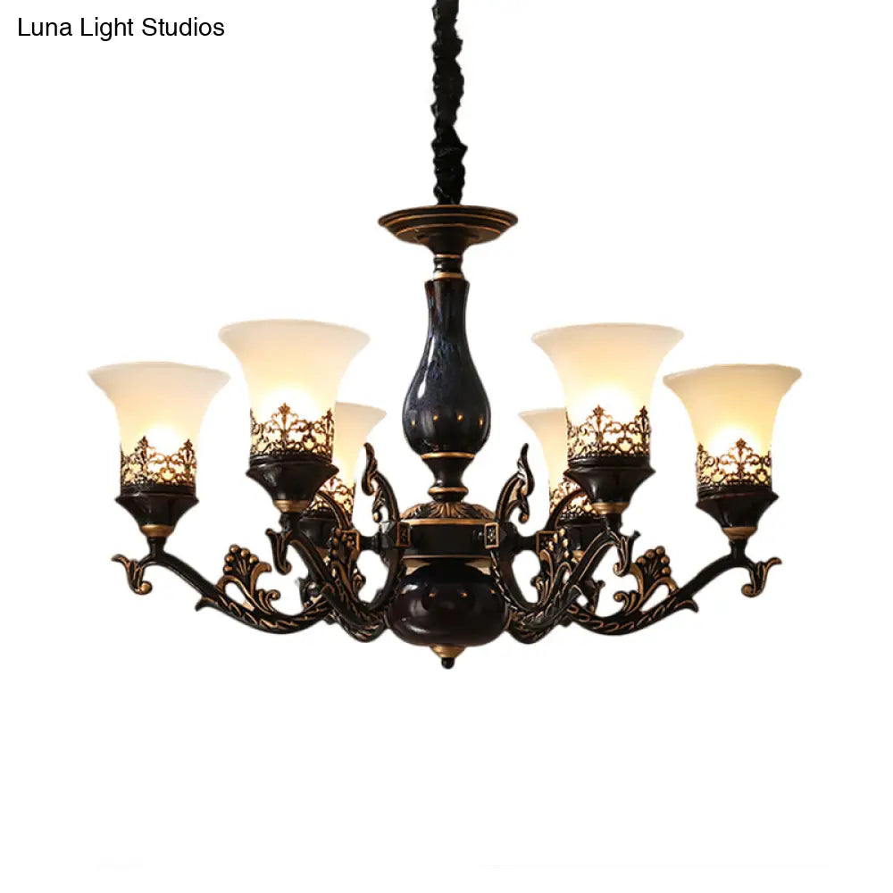 Black Bell Shaped Ceiling Suspension Lamp With Frosted Glass And Multiple Heads - Countryside