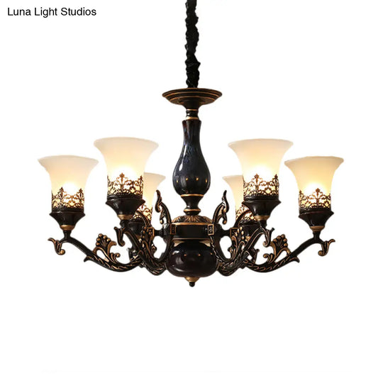 Black Bell Shaped Ceiling Suspension Lamp With Frosted Glass And Multiple Heads - Countryside