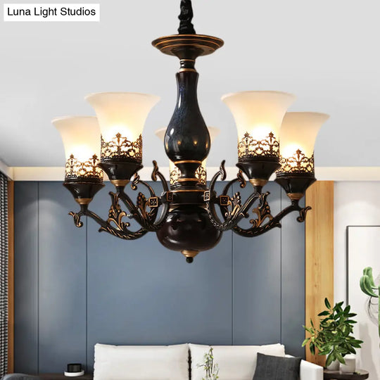 Black Bell Shaped Ceiling Suspension Lamp With Frosted Glass And Multiple Heads - Countryside