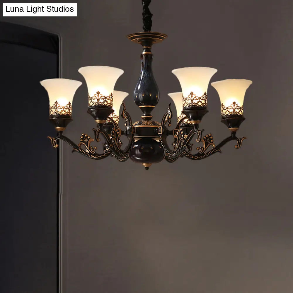 Black Bell Shaped Ceiling Suspension Lamp With Frosted Glass And Multiple Heads - Countryside