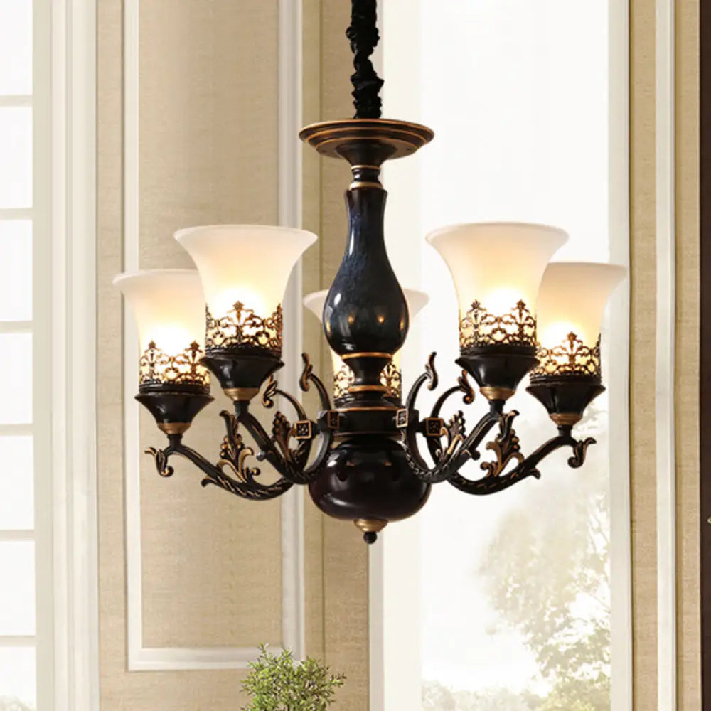 Black Bell Shaped Ceiling Suspension Lamp With Frosted Glass And Multiple Heads - Countryside