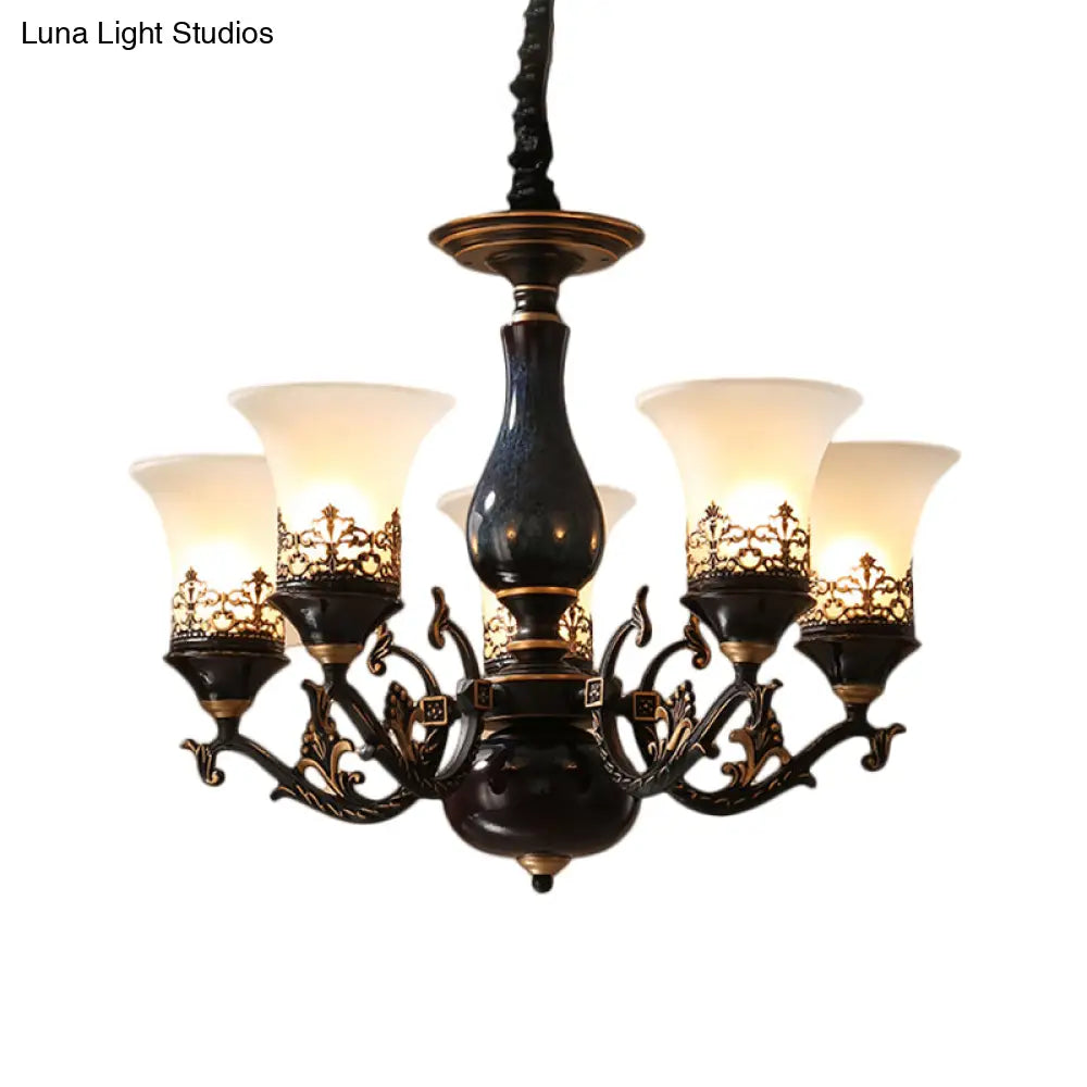 Black Bell Shaped Ceiling Suspension Lamp With Frosted Glass And Multiple Heads - Countryside