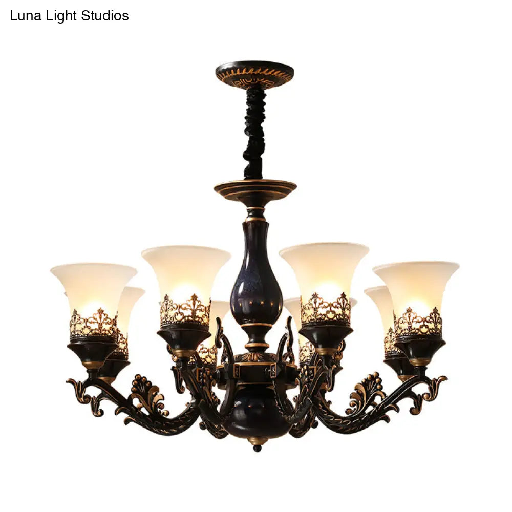 Black Bell Shaped Ceiling Suspension Lamp With Frosted Glass And Multiple Heads - Countryside